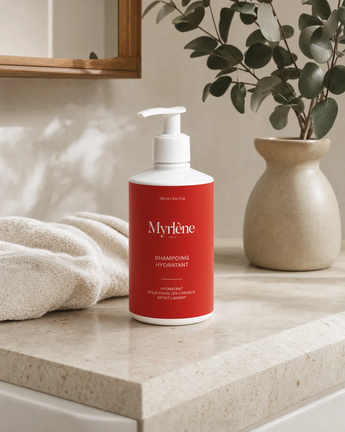 Shampoing hydratant Myrlène Paris dans une salle de bain