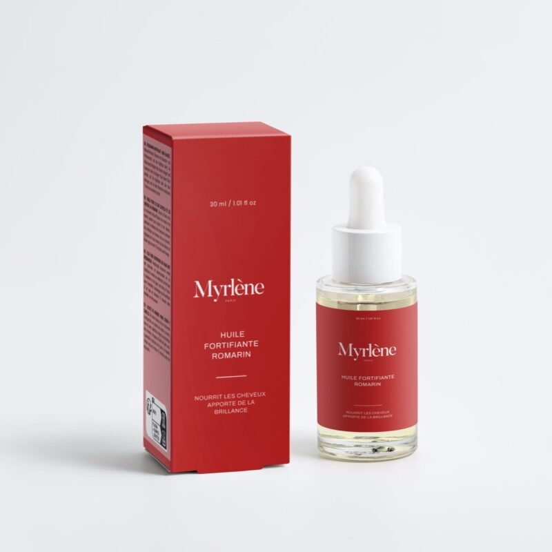 Huile fortifiante romarin Myrlène Paris, flacon compte-gouttes 30 ml et son étui rouge