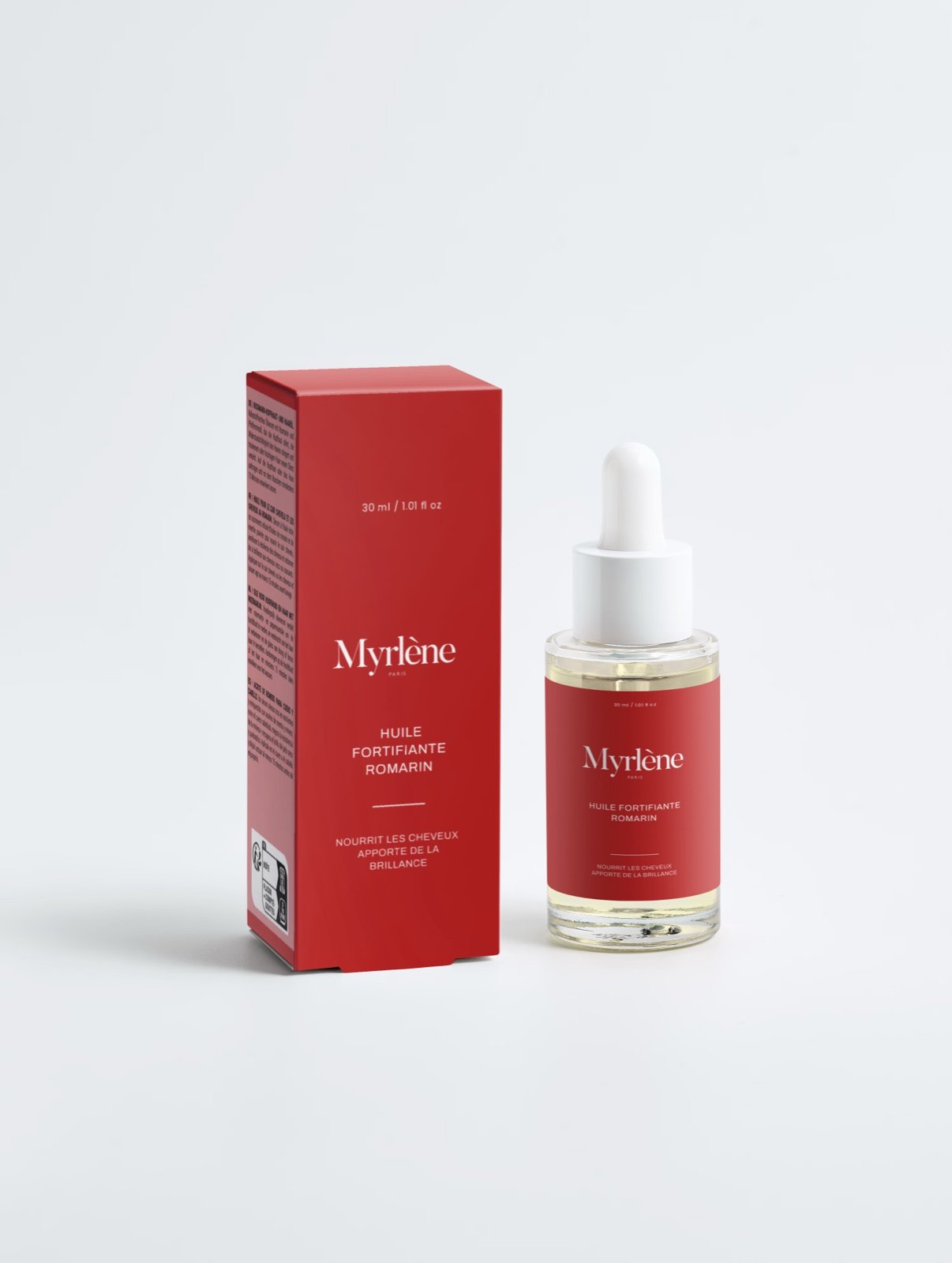 Huile fortifiante romarin Myrlène Paris, flacon compte-gouttes 30 ml et son étui rouge